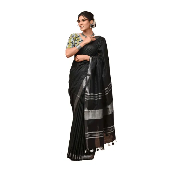 Linen_Cotton_Blend_Handloom_Bhagalpuri_Saree_with_Zari_Border_(12781_Black)