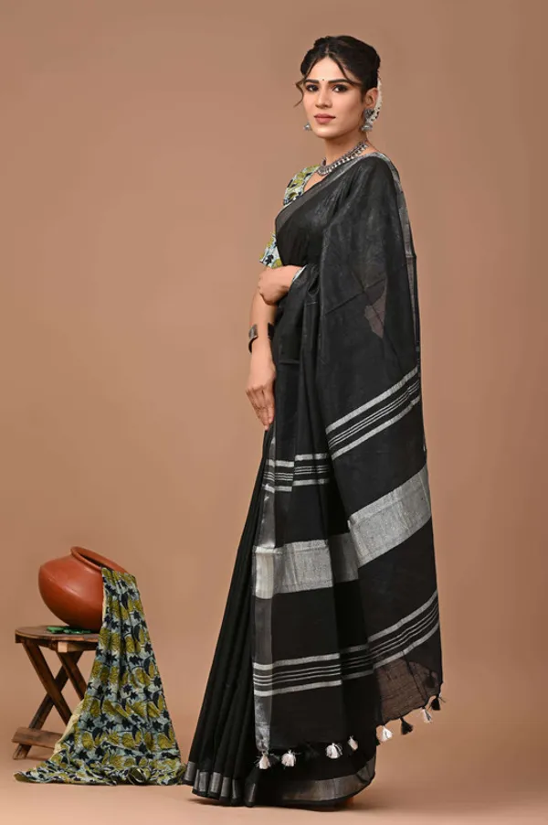 Linen_Cotton_Blend_Handloom_Bhagalpuri_Saree_with_Zari_Border_(12781_Black)