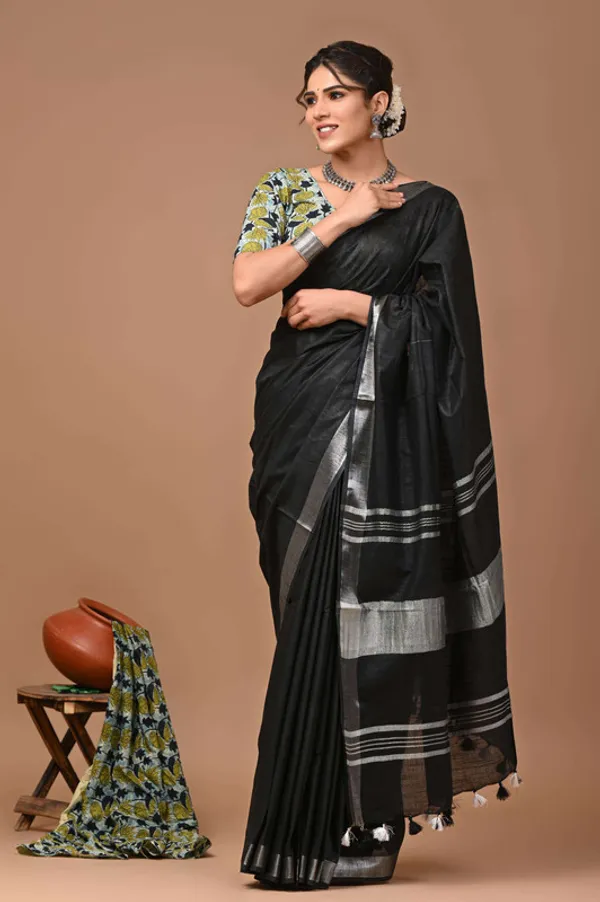 Linen_Cotton_Blend_Handloom_Bhagalpuri_Saree_with_Zari_Border_(12781_Black)