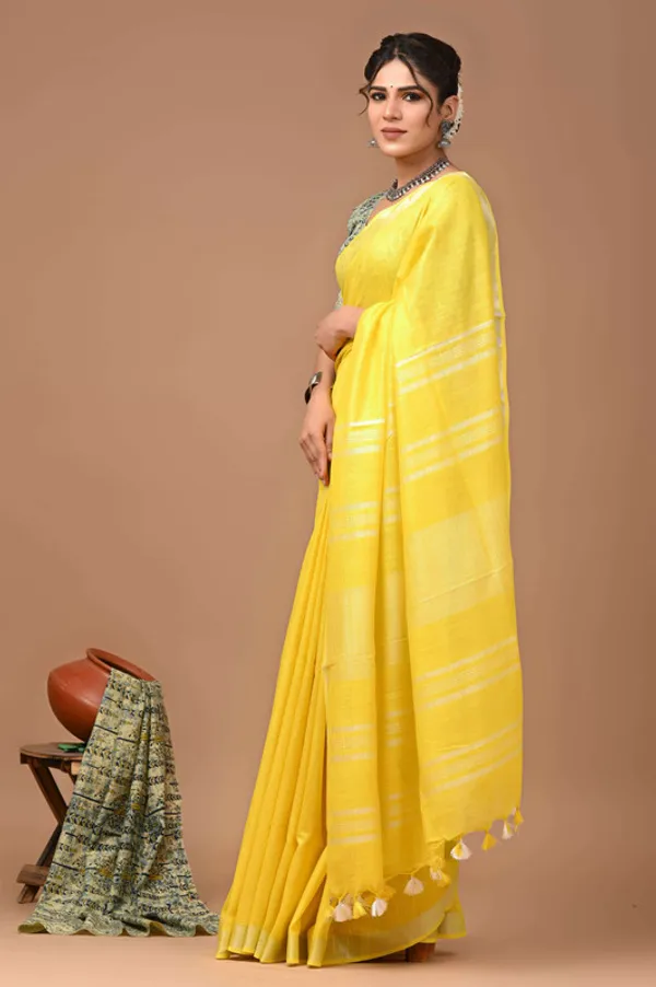 Linen_Cotton_Blend_Handloom_Bhagalpuri_Saree_with_Zari_Border_(12782_Canary_Yellow)