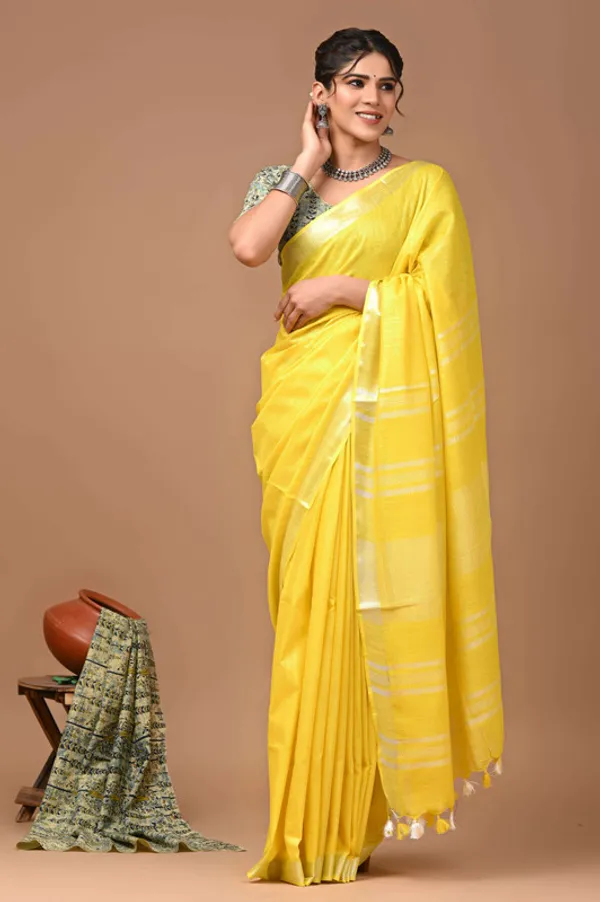 Linen_Cotton_Blend_Handloom_Bhagalpuri_Saree_with_Zari_Border_(12782_Canary_Yellow)