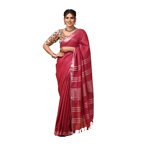 Linen_Cotton_Blend_Handloom_Bhagalpuri_Saree_with_Zari_Border_(12783_Cerise_Pink)