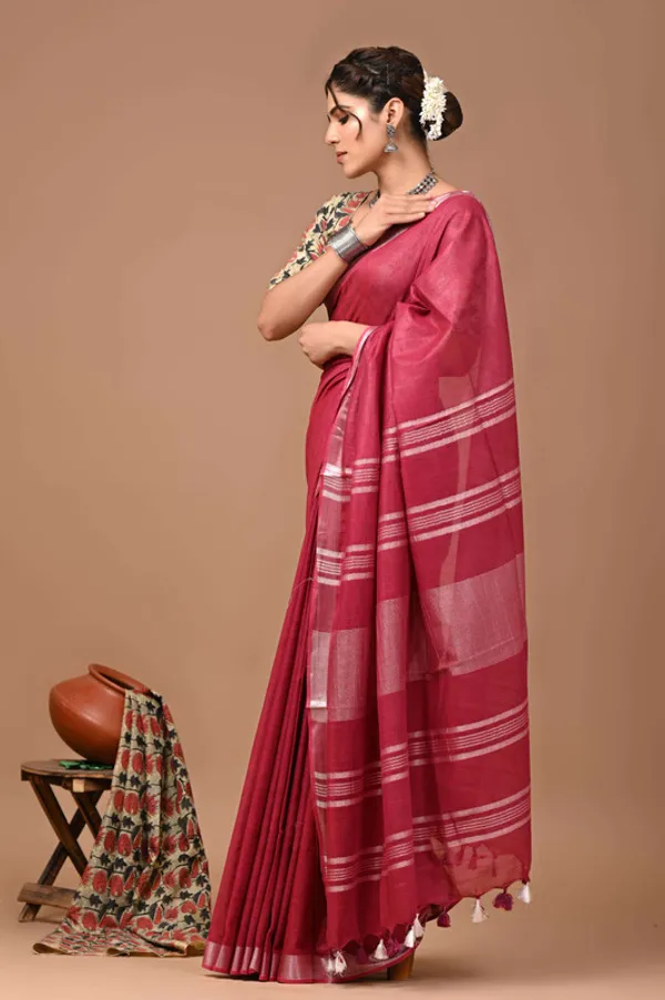 Linen_Cotton_Blend_Handloom_Bhagalpuri_Saree_with_Zari_Border_(12783_Cerise_Pink)