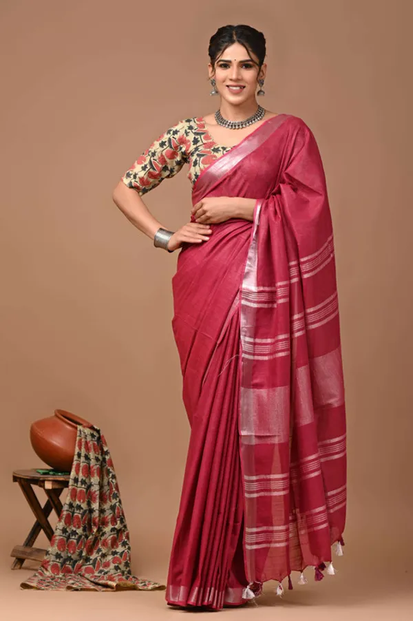 Linen_Cotton_Blend_Handloom_Bhagalpuri_Saree_with_Zari_Border_(12783_Cerise_Pink)