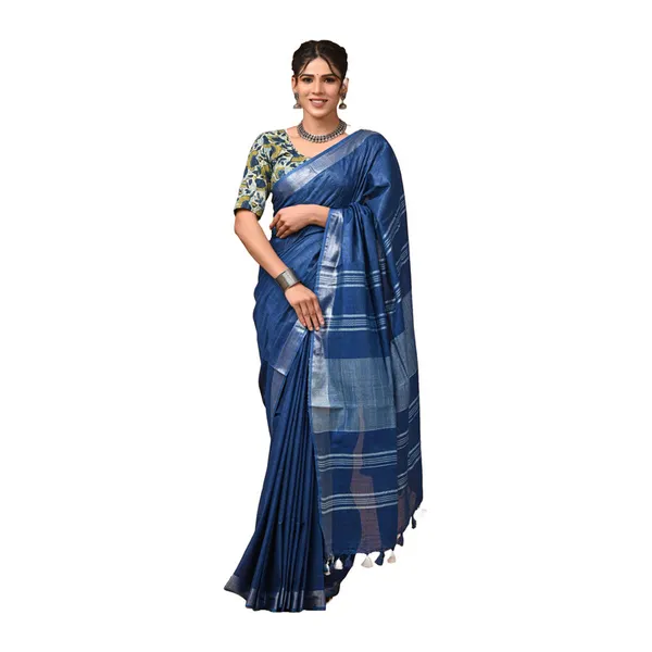 Linen_Cotton_Blend_Handloom_Bhagalpuri_Saree_with_Zari_Border_(12784_Cobalt_Blue)
