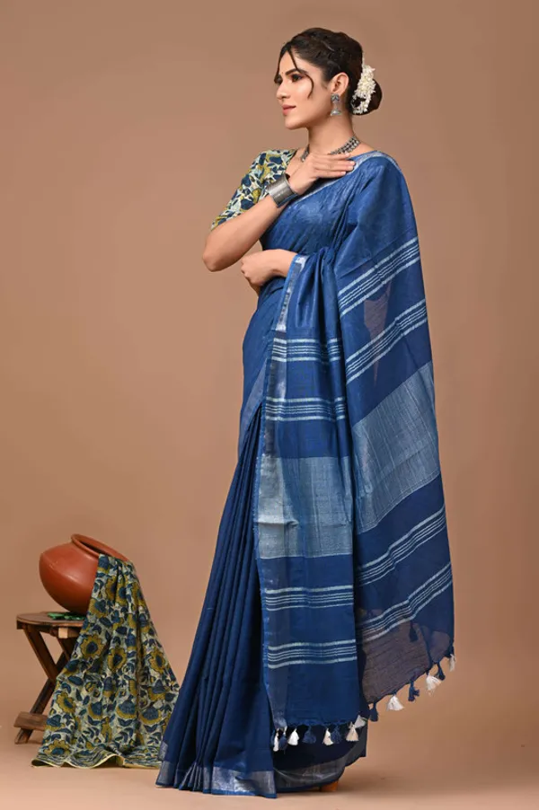 Linen_Cotton_Blend_Handloom_Bhagalpuri_Saree_with_Zari_Border_(12784_Cobalt_Blue)