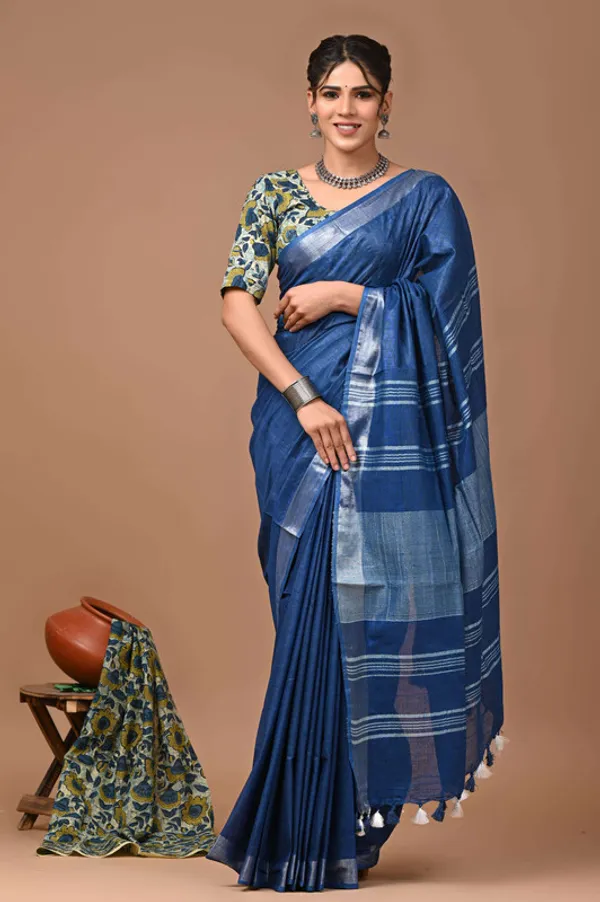 Linen_Cotton_Blend_Handloom_Bhagalpuri_Saree_with_Zari_Border_(12784_Cobalt_Blue)