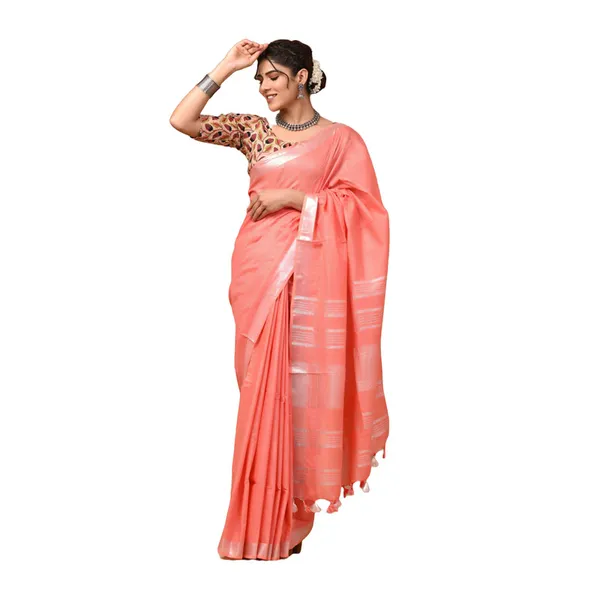 Linen_Cotton_Blend_Handloom_Bhagalpuri_Saree_with_Zari_Border_(12785_Coral_Orange)
