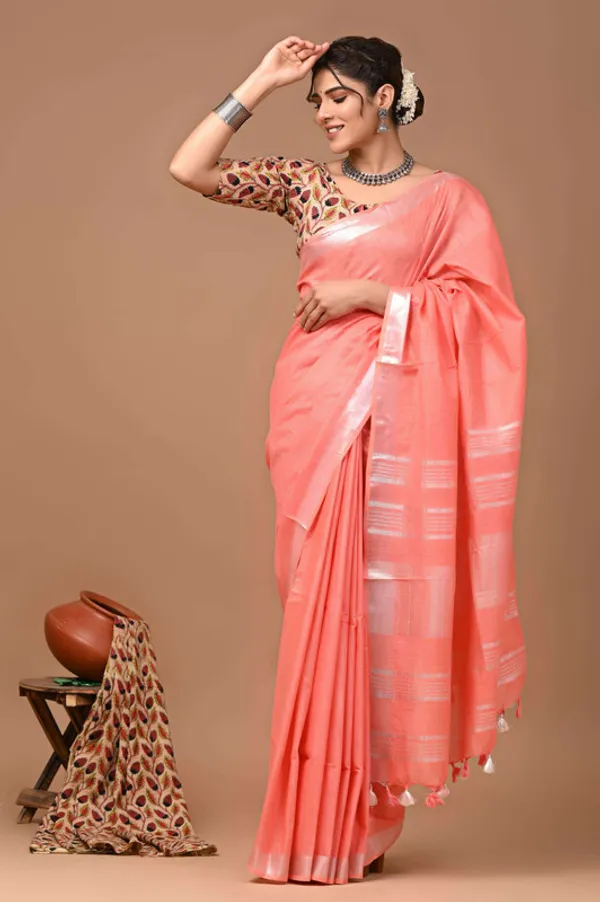 Linen_Cotton_Blend_Handloom_Bhagalpuri_Saree_with_Zari_Border_(12785_Coral_Orange)