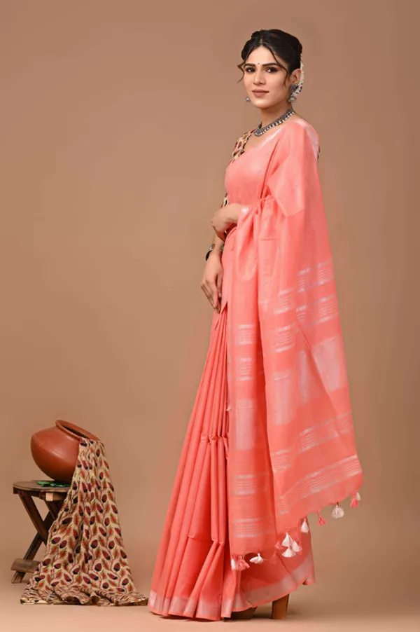 Linen_Cotton_Blend_Handloom_Bhagalpuri_Saree_with_Zari_Border_(12785_Coral_Orange)
