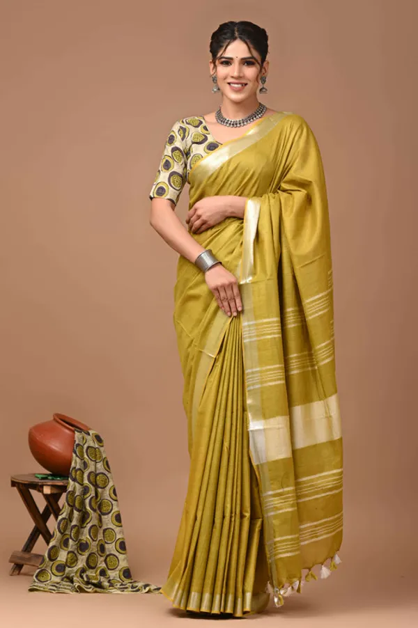 Linen_Cotton_Blend_Handloom_Bhagalpuri_Saree_with_Zari_Border_(12786_Earlsie_Green)