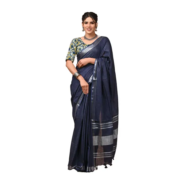 Linen_Cotton_Blend_Handloom_Bhagalpuri_Saree_with_Zari_Border_(12787_Egyptian_Blue)