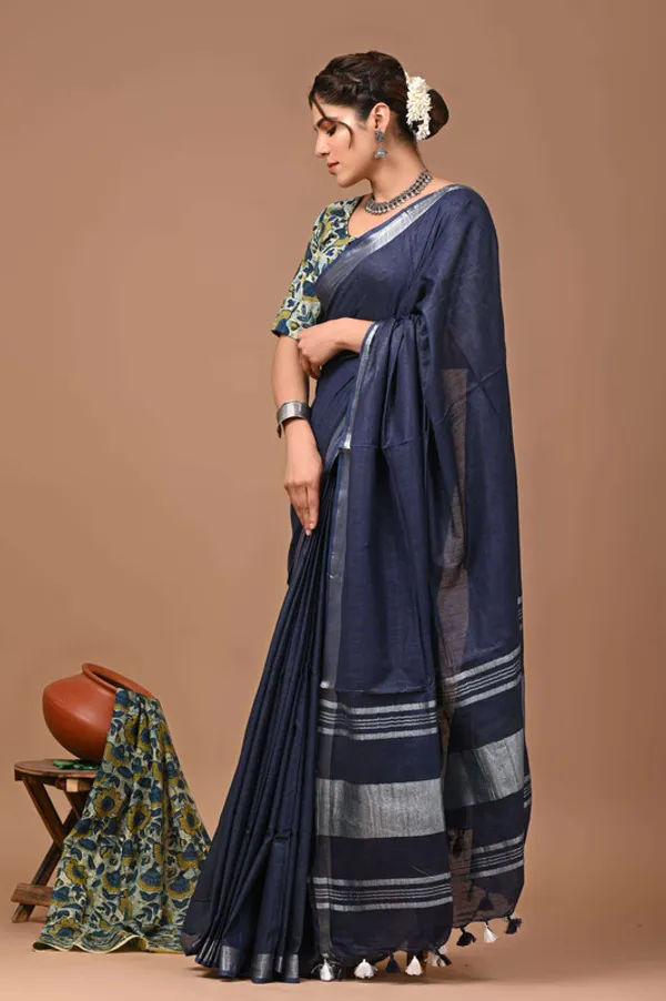 Linen_Cotton_Blend_Handloom_Bhagalpuri_Saree_with_Zari_Border_(12787_Egyptian_Blue)