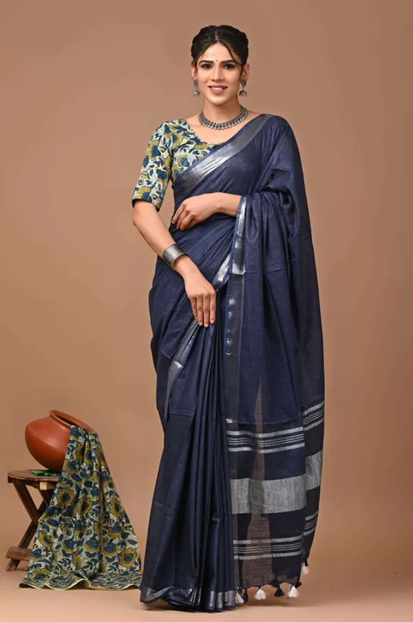 Linen_Cotton_Blend_Handloom_Bhagalpuri_Saree_with_Zari_Border_(12787_Egyptian_Blue)