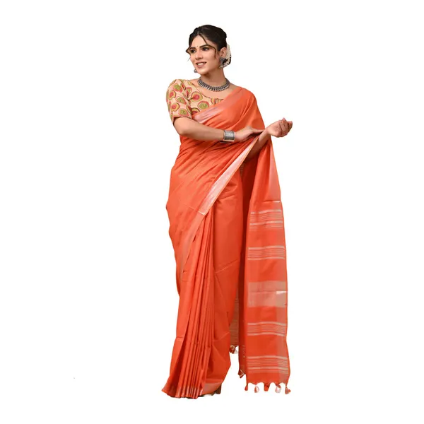 Linen_Cotton_Blend_Handloom_Bhagalpuri_Saree_with_Zari_Border_(12788_Flamingo_Orange)