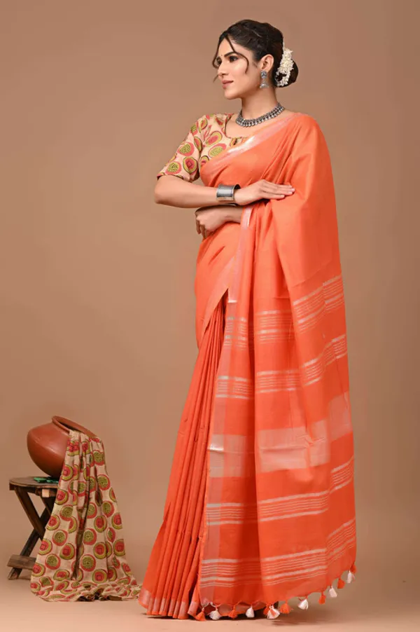 Linen_Cotton_Blend_Handloom_Bhagalpuri_Saree_with_Zari_Border_(12788_Flamingo_Orange)