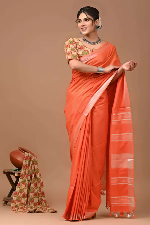 Linen_Cotton_Blend_Handloom_Bhagalpuri_Saree_with_Zari_Border_(12788_Flamingo_Orange)