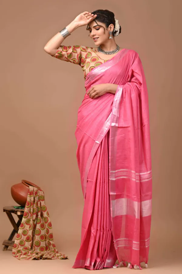 Linen_Cotton_Blend_Handloom_Bhagalpuri_Saree_with_Zari_Border_(12789_Hot_Pink)