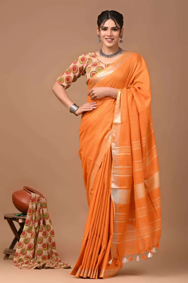 Linen_Cotton_Blend_Handloom_Bhagalpuri_Saree_with_Zari_Border_(12790_Jaffy_Orange)