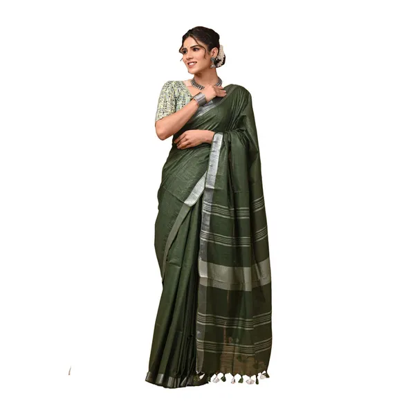 Linen_Cotton_Blend_Handloom_Bhagalpuri_Saree_with_Zari_Border_(12792_Keplie_Green_)
