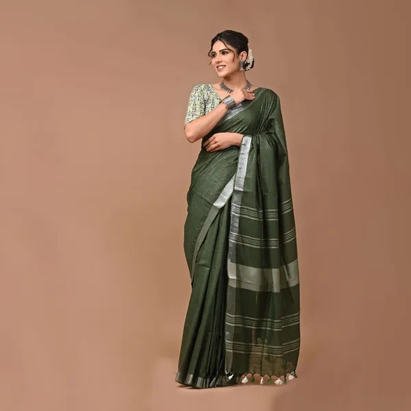Linen_Cotton_Blend_Handloom_Bhagalpuri_Saree_with_Zari_Border_(12792_Keplie_Green_)