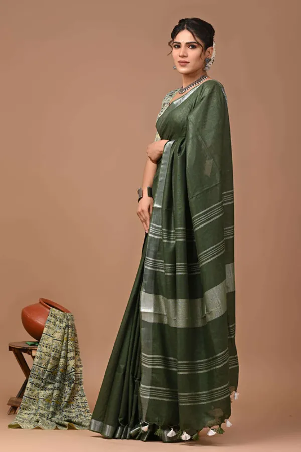Linen_Cotton_Blend_Handloom_Bhagalpuri_Saree_with_Zari_Border_(12792_Keplie_Green_)