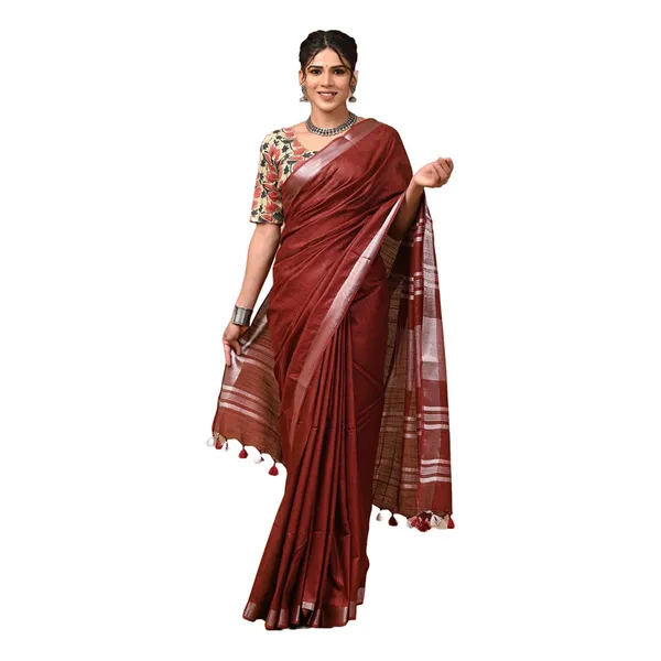 Linen_Cotton_Blend_Handloom_Bhagalpuri_Saree_with_Zari_Border_(12794_Maroon_Red)