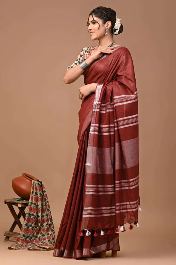 Linen_Cotton_Blend_Handloom_Bhagalpuri_Saree_with_Zari_Border_(12794_Maroon_Red)