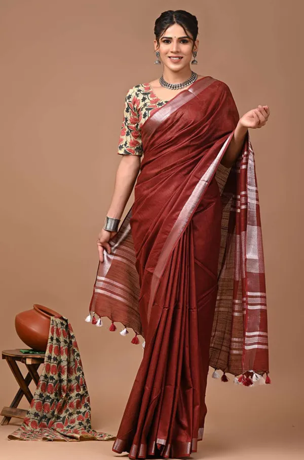 Linen_Cotton_Blend_Handloom_Bhagalpuri_Saree_with_Zari_Border_(12794_Maroon_Red)