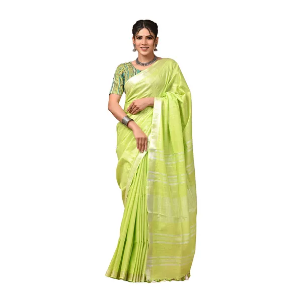Linen_Cotton_Blend_Handloom_Bhagalpuri_Saree_with_Zari_Border_(12796_Parrot_Green)