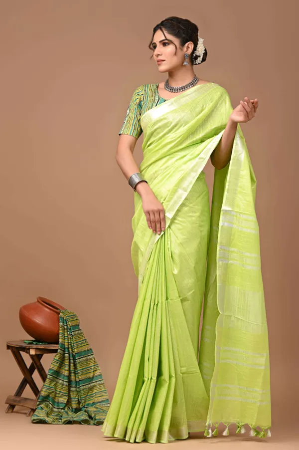 Linen_Cotton_Blend_Handloom_Bhagalpuri_Saree_with_Zari_Border_(12796_Parrot_Green)
