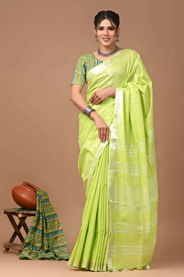 Linen_Cotton_Blend_Handloom_Bhagalpuri_Saree_with_Zari_Border_(12796_Parrot_Green)
