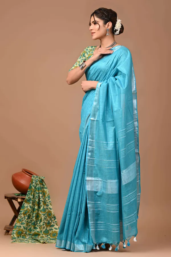 Linen_Cotton_Blend_Handloom_Bhagalpuri_Saree_with_Zari_Border_(12797_Peloruese_Cyan_)
