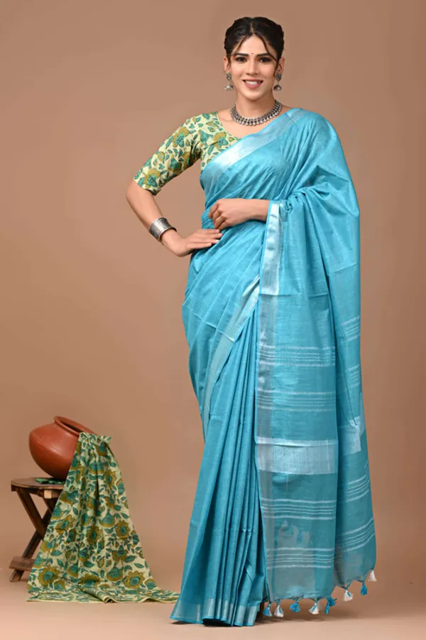 Linen_Cotton_Blend_Handloom_Bhagalpuri_Saree_with_Zari_Border_(12797_Peloruese_Cyan_)