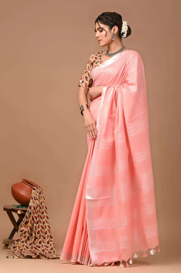 Linen_Cotton_Blend_Handloom_Bhagalpuri_Saree_with_Zari_Border_(12799_Salmon_Pink)