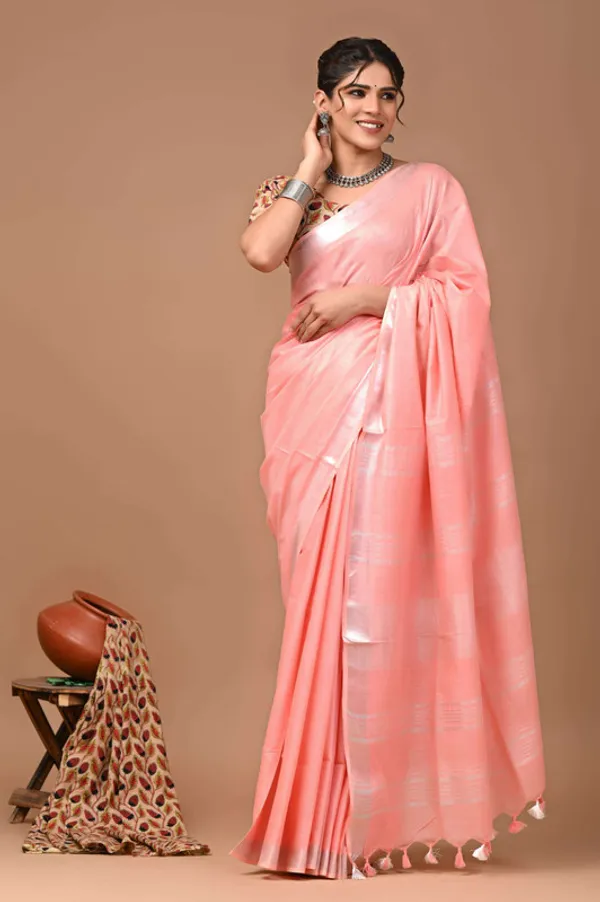 Linen_Cotton_Blend_Handloom_Bhagalpuri_Saree_with_Zari_Border_(12799_Salmon_Pink)