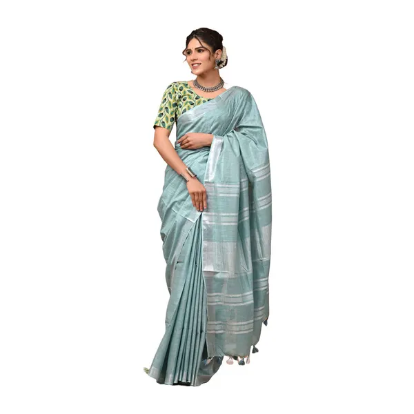 Linen_Cotton_Blend_Handloom_Bhagalpuri_Saree_with_Zari_Border_(12800_Streamy_Cyan)