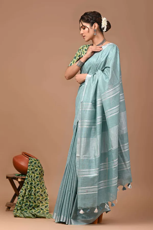 Linen_Cotton_Blend_Handloom_Bhagalpuri_Saree_with_Zari_Border_(12800_Streamy_Cyan)