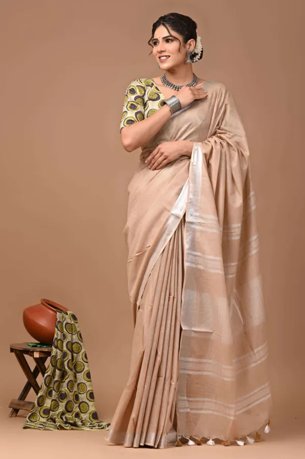 Linen_Cotton_Blend_Handloom_Bhagalpuri_Saree_with_Zari_Border_(12801_Tan_Brown)