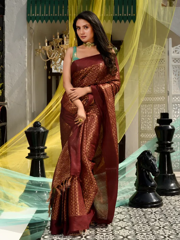 Maroon_Red_Cotton_Tissue_Silk_Designer_Handloom_Bhagalpuri_Saree