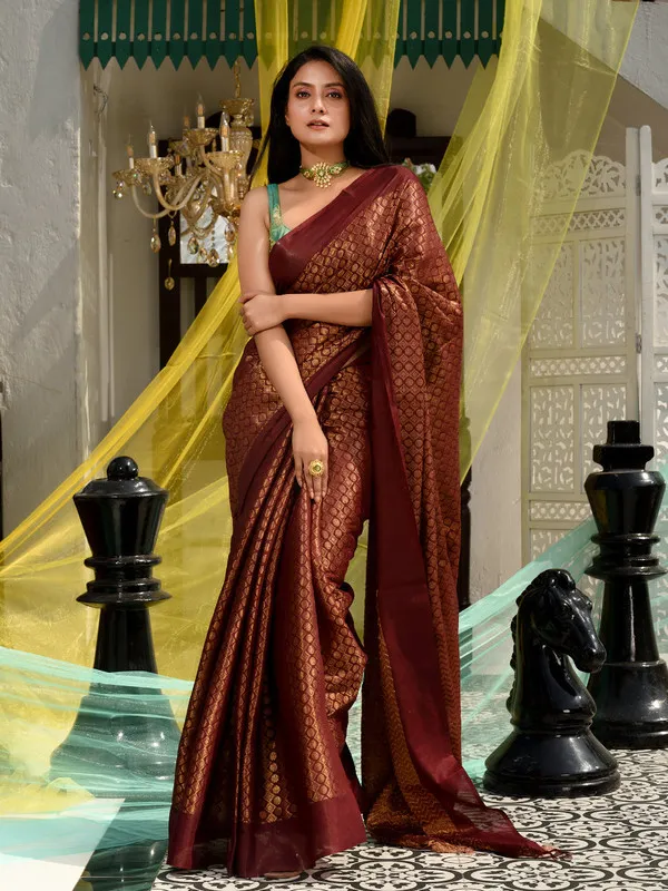 Maroon_Red_Cotton_Tissue_Silk_Designer_Handloom_Bhagalpuri_Saree