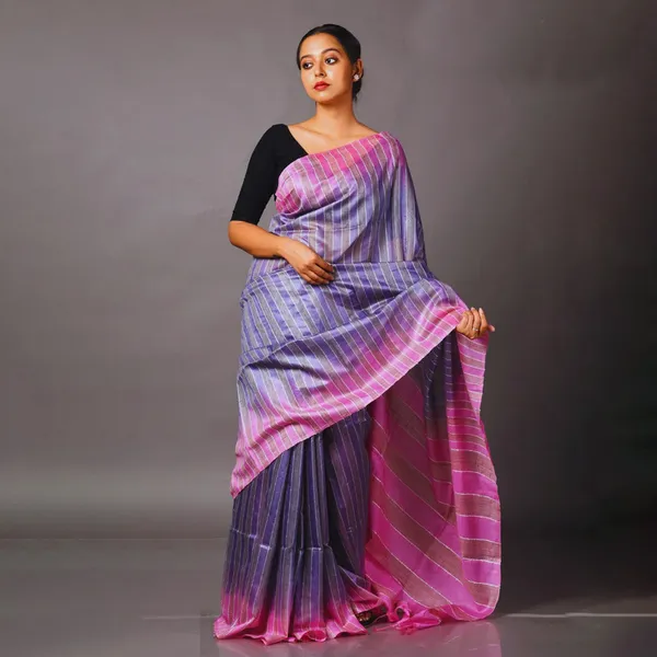 Women's_Handloom_Two_Dye_Semi_Tussar_Silk_Striped_Bhagalpuri_Saree_(Cold_Purple_&_Brilkliant_Pink)