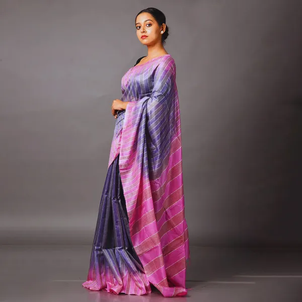 Women's_Handloom_Two_Dye_Semi_Tussar_Silk_Striped_Bhagalpuri_Saree_(Cold_Purple_&_Brilkliant_Pink)