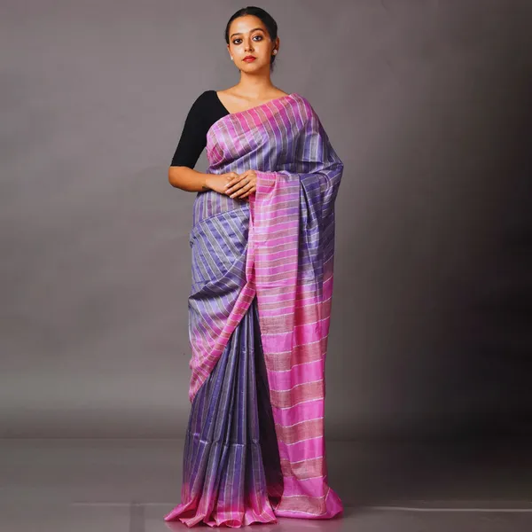Women's_Handloom_Two_Dye_Semi_Tussar_Silk_Striped_Bhagalpuri_Saree_(Cold_Purple_&_Brilkliant_Pink)
