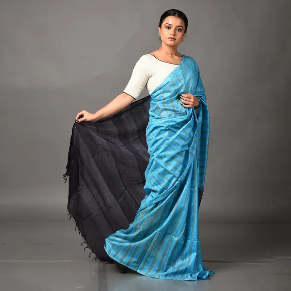 Handloom_Semi_Tussar_Silk_Bhagalpuri_Two_Dye_Striped_Saree_(Cyan_&_Black)