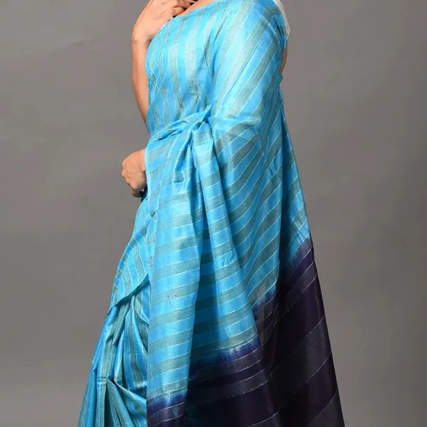 Handloom_Semi_Tussar_Silk_Bhagalpuri_Two_Dye_Striped_Saree_(Cyan_&_Black)