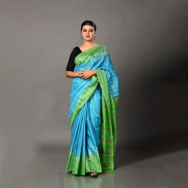 Two_Dye_Handloom_Bhagalpuri_Striped_Semi_Tussar_Silk_Saree_(Fountain_Cyan_&_Mantris_Green)