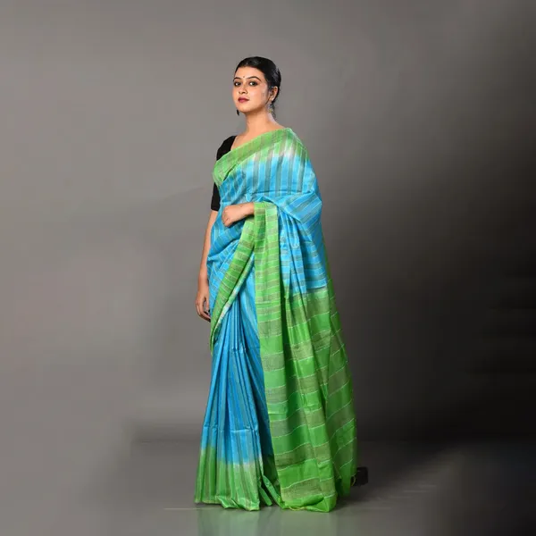 Two_Dye_Handloom_Bhagalpuri_Striped_Semi_Tussar_Silk_Saree_(Fountain_Cyan_&_Mantris_Green)