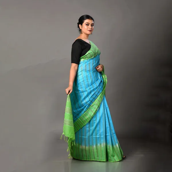 Two_Dye_Handloom_Bhagalpuri_Striped_Semi_Tussar_Silk_Saree_(Fountain_Cyan_&_Mantris_Green)