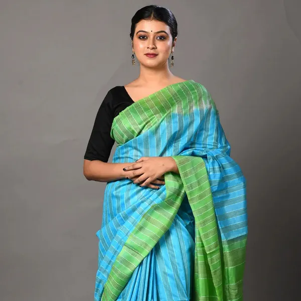 Two_Dye_Handloom_Bhagalpuri_Striped_Semi_Tussar_Silk_Saree_(Fountain_Cyan_&_Mantris_Green)